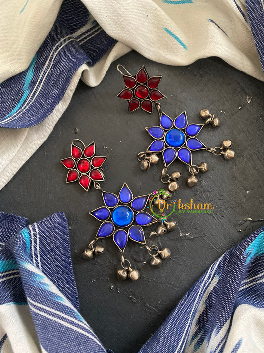 Afghani Oxidized German Silver Danglers -Blue Red -S743
