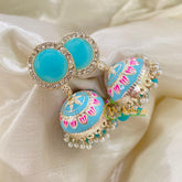 Light Blue Meenakari Jhumkas-Hand painted-Stone Stud-G8136