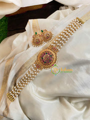 Gold look alike Pearl High Neck Choker-Round Red Green-G4974