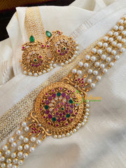 Gold look alike Pearl High Neck Choker-Round Red Green-G4974