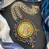 Oxidized Silver Look Alike Neckpiece with Meenakari Pendant -Krishna Radha-S248