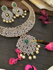 Bridal American Diamond Neckpiece-Green-Peacock Pendant-G2977