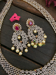 Bridal American Diamond Haram-Red-Peacock Pendant-G2974