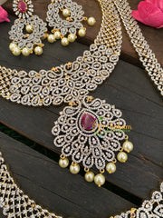 Bridal American Diamond Neckpiece-Red-Peacock Pendant-G2976