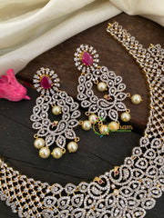 Bridal American Diamond Neckpiece-Red-Peacock Pendant-G2976