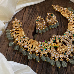 Precious Jadau Kundan Short Neckpiece-White Green-Pastel Green Beads -J1676