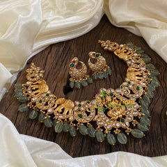 Precious Jadau Kundan Short Neckpiece-White Green-Pastel Green Beads -J1676