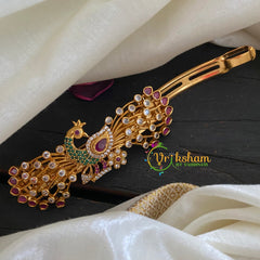 Gold Look Alike AD Stone Peacock Hair Clip-Red Green White -H226