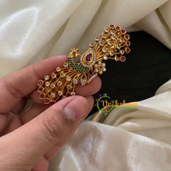 Gold Look Alike AD Stone Peacock Hair Clip-Red Green White -H226
