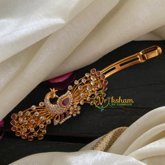 Gold Look Alike AD Stone Peacock Hair Clip-Red White -H227