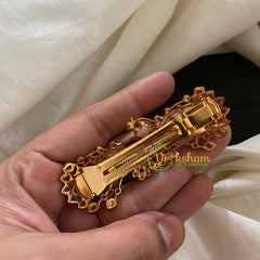 Gold Look Alike AD Stone Peacock Hair Clip-Red White -H227