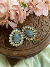 Kundan Studs- Stone Pear Studs-Grey-G5007