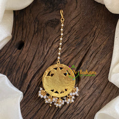 Short Hook Type Jadau Kundan Maang Tikka -Peacock-Pearl-J1288