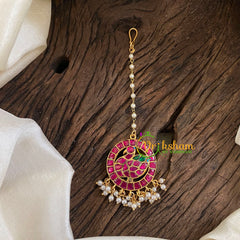 Single Starnd Pearl Hook Type Jadau Kundan Maang Tikka -Peacock-Pearl -J1289