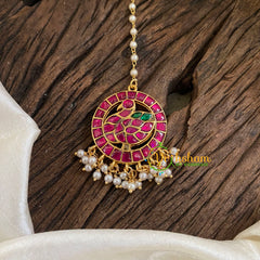 Single Starnd Pearl Hook Type Jadau Kundan Maang Tikka -Peacock-Pearl -J1289