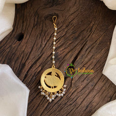 Single Starnd Pearl Hook Type Jadau Kundan Maang Tikka -Peacock-Pearl -J1289