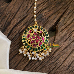Single Pearl Starnd Hook Type Jadau Kundan Maang Tikka -Peacock-Pearl-J1298