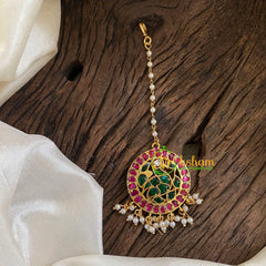 Single Starand Pearl Hook Type Jadau Kundan Maang Tikka -Peacock- Pearl -j1291