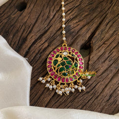 Single Starand Pearl Hook Type Jadau Kundan Maang Tikka -Peacock- Pearl -j1291