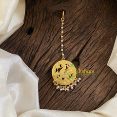 Single Starand Pearl Hook Type Jadau Kundan Maang Tikka -Peacock- Pearl -j1291