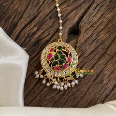 Single Strand Pearl Hook Type Type Jadau Kundan Maang Tikka -Peacock-Pearl -j1294