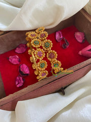 Gold Look Alike AD Stone Bangle-Double Flower-Red Green-G5060