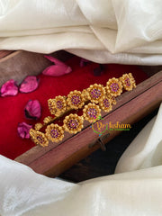 Gold Look Alike AD Stone Bangle-Double Flower-Red-G5061