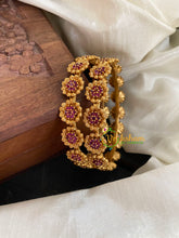 Gold Look Alike AD Stone Bangle-Double Flower-Red-G5061