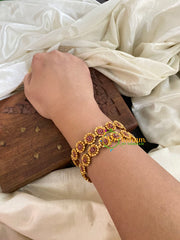 Gold Look Alike AD Stone Bangle-Double Flower-Red-G5061