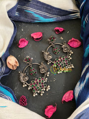 Silver Look Alike Danglers-Lotus-Red Green-S383