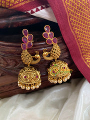 AD Stone Peacock Jhumkas-Red G5156