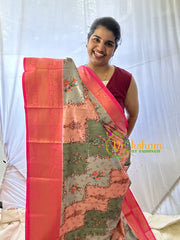 Grey and Pink Kalamkari Saree -Semi Soft Silk Saree -VS879