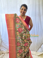 Olive Green Grey Kalamkari Saree-Semi Soft Silk Saree -VS878