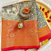 Grey with Red Kalamkari Soft Silk Saree -VS3167