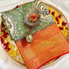 Algal Green with Red Kalamkari Soft Silk Saree -VS3169