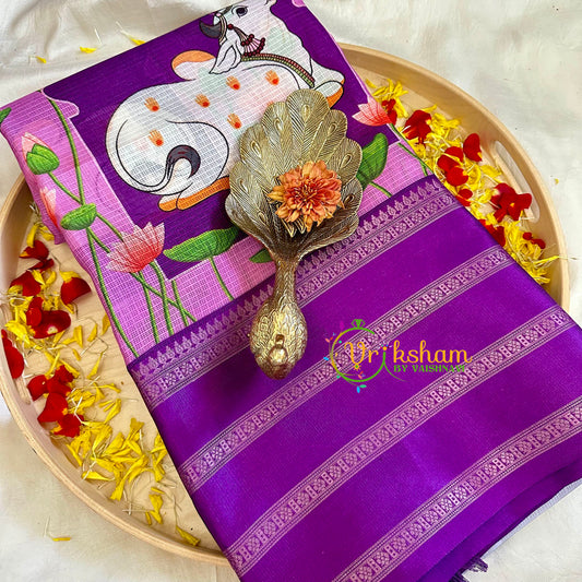 Purple Pichwai Kalamkari Semi Tussar Saree-VS3157