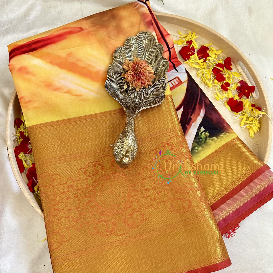 yellow Orange Digital Kalamkari Soft Silk Saree -VS3172