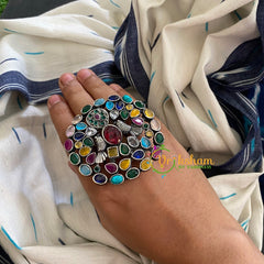 Oxidized German Silver Finger Ring-  Navrathna -S273