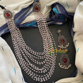 Layered Oxidized Silver Pearl Mala with Mugappu -Red Green-S279