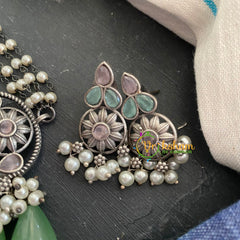 Oxidized Silver Pearl Choker-Pista Green -S285