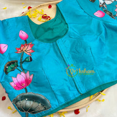 Peach with Blue Kalamkari Soft Silk Saree -VS3162