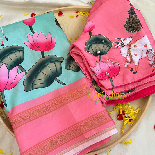 Sea Green with Pink Kalamkari Soft Silk Saree -VS3163