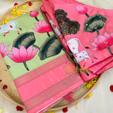 Light Green with Pink Pichwai Kalamkari Soft Silk Saree -VS3164