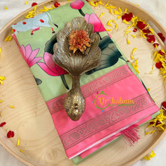 Light Green with Pink Pichwai Kalamkari Soft Silk Saree -VS3164