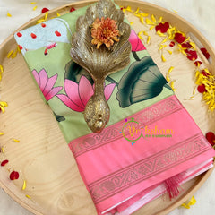 Light Green with Pink Pichwai Kalamkari Soft Silk Saree -VS3164