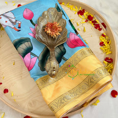 Light Blue with Yellow Pichwai Kalamkari Soft Silk Saree -VS3151