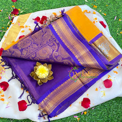 Yellow with Violet Border Korvai Handloom Silk Cotton Saree-VS66