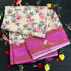 Beige with Purple Floral Semi Soft Silk Saree-VS104