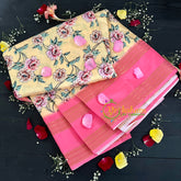Yellow with Pink Floral Semi Soft Silk Saree-VS105