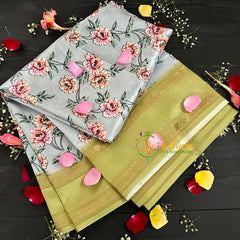 Grey with Green Floral Semi Soft Silk Saree-VS113